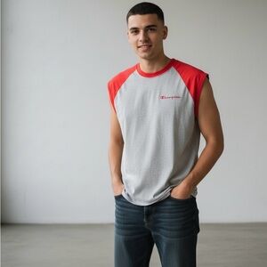 90s Y2K Champion Vintage Sleeveless Raglan T-Shirt | Gray Red Ringer Tank Medium